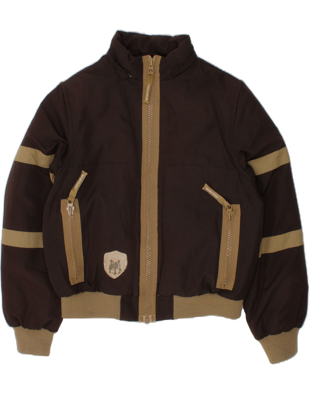 BENETTON Boys Graphic Padded Jacket 8-9 Years Large Brown Vintage Benetton and Second-Hand Benetton from Messina Hembry 