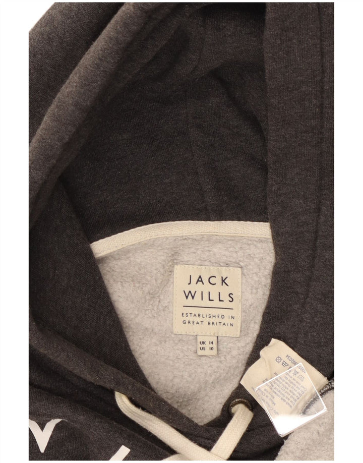 JACK WILLS Felpa con cappuccio grafica da donna UK 14 Grande cotone grigio
