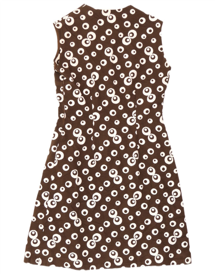 Abito a trapezio senza maniche con motivo astratto da donna vintage UK 8 piccolo marrone