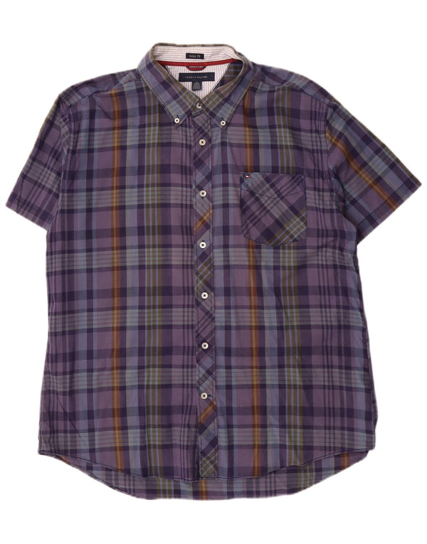 Tommy Hilfiger Camicia da uomo a maniche corte con vestibilità slim XL in cotone a quadri viola