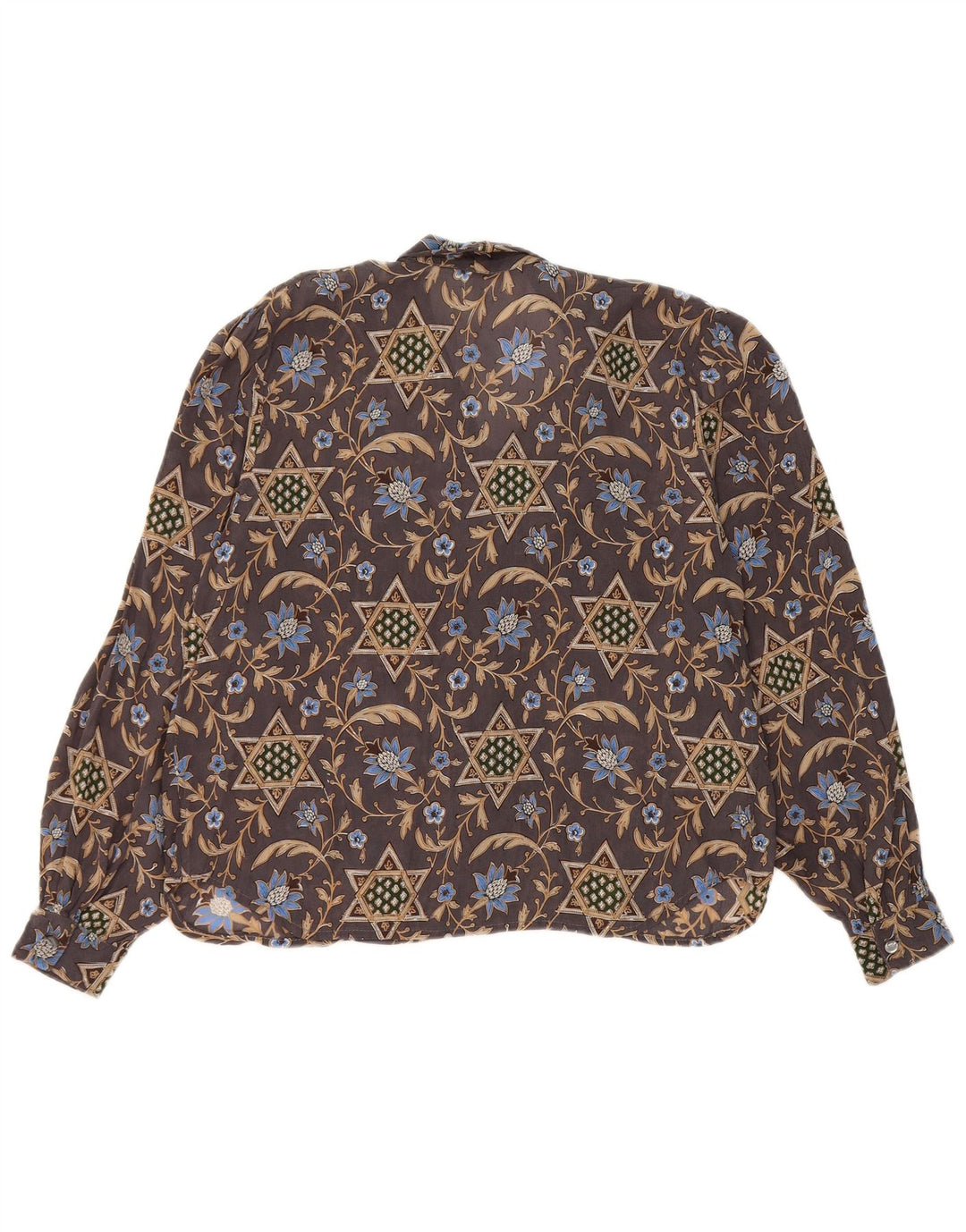 Camicetta camicia vintage da donna UK 12 marrone medio floreale