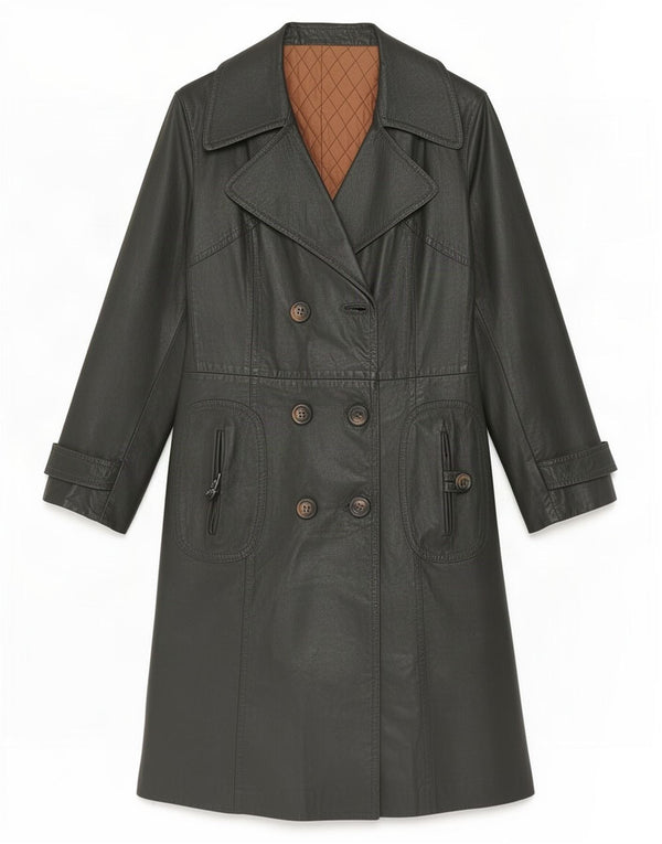 Fibok Womens Double Breasted Leather Coat UK 14 Medium Green