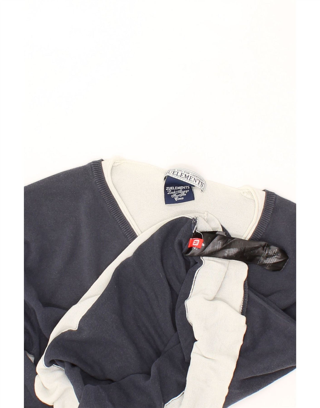 ZU ELEMENTS Womens V-Neck Jumper Sweater UK 14 Medium Navy Blue Cotton Vintage Zu Elements and Second-Hand Zu Elements from Messina Hembry 