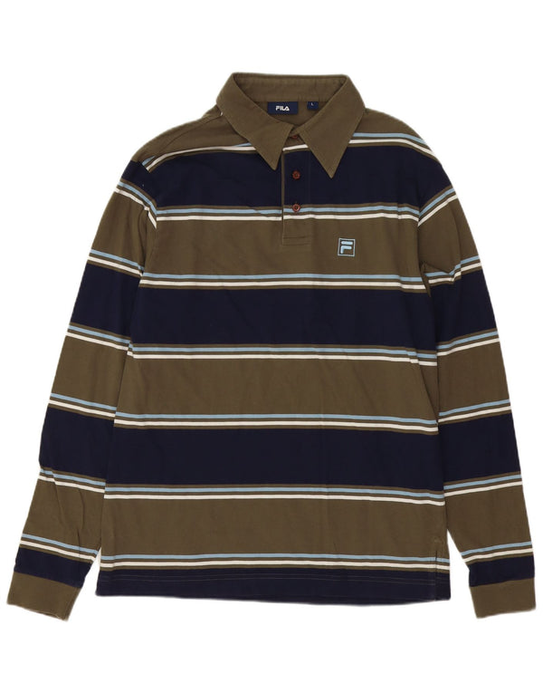 Polo da rugby da uomo a maniche lunghe Fila grande in cotone a righe kaki