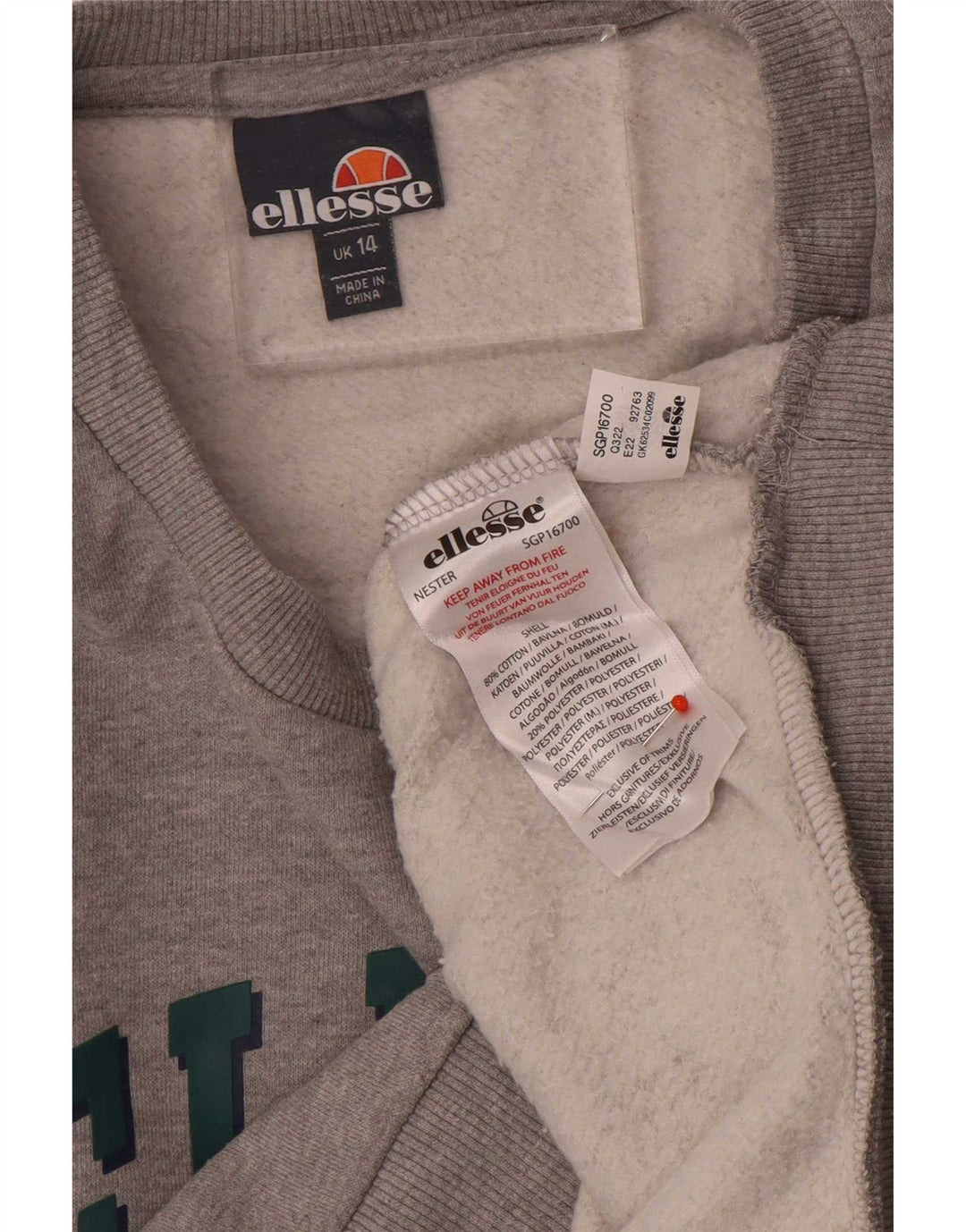 Ellesse, maglione da donna con grafica corta oversize, taglia UK 14, grande grigio