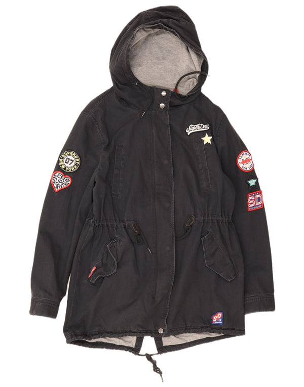 Parka da donna con cappuccio grafico Superdry UK 12 medio blu navy cotone