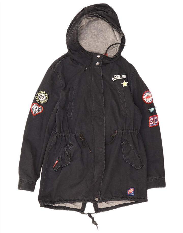 Parka da donna con cappuccio grafico Superdry UK 12 medio blu navy cotone
