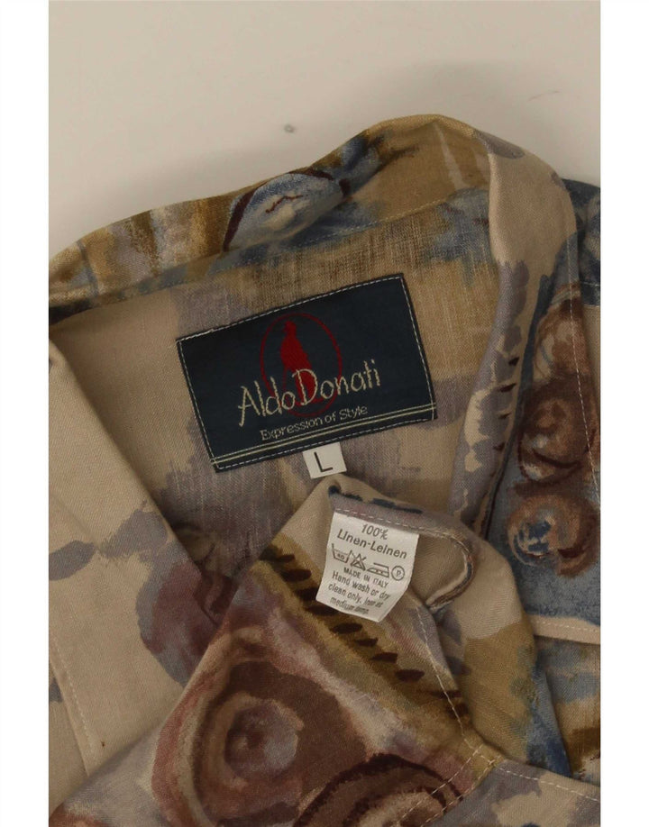 Camicia a maniche corte vintage da uomo con motivo astratto, grande lino beige