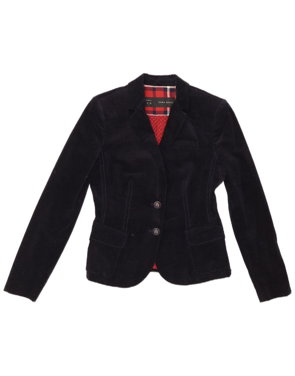 Zara Womens 2 Button Velvet Blazer Jacket UK 12 Medium Navy Blue Cotton