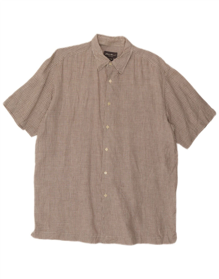 EDDIE BAUER Camicia a maniche corte alta da uomo Lino a quadri marrone grande