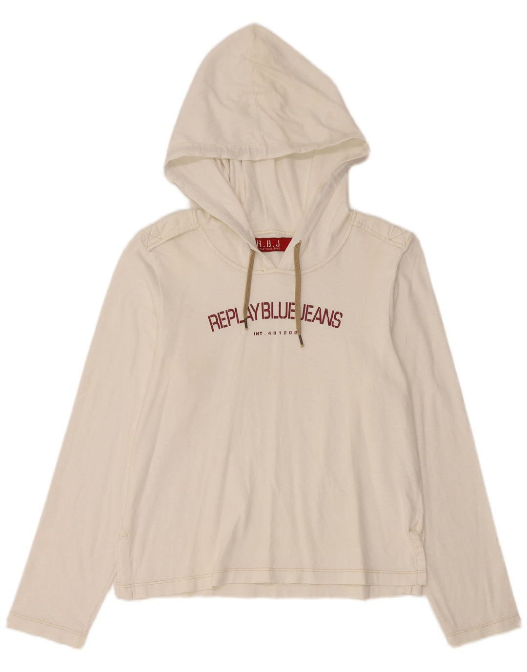 REPLAY Top grafico da donna con cappuccio manica lunga UK 14 grande cotone bianco