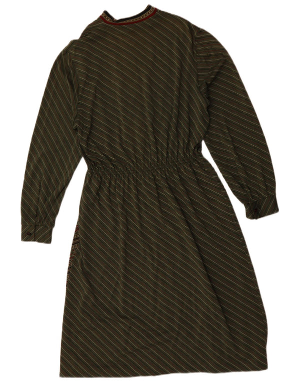 Abito a trapezio a maniche lunghe da donna vintage UK 18 XL Lana a righe kaki