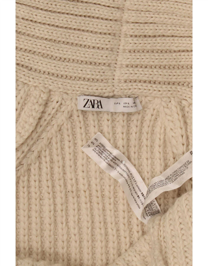 Maglione cardigan aperto a linea lunga da donna Zara UK 16 grande poliestere beige