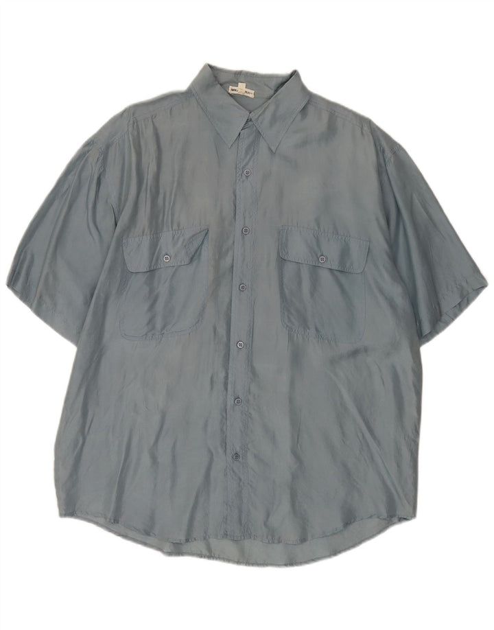 Camicia vintage da uomo a maniche corte grande in seta blu