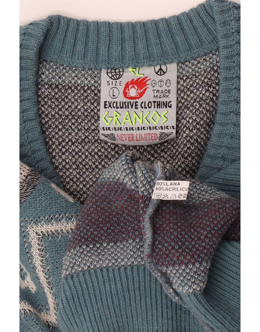 Maglione vintage da uomo con scollo a V, grande lana geometrica blu