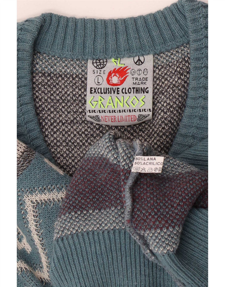 Maglione vintage da uomo con scollo a V, grande lana geometrica blu