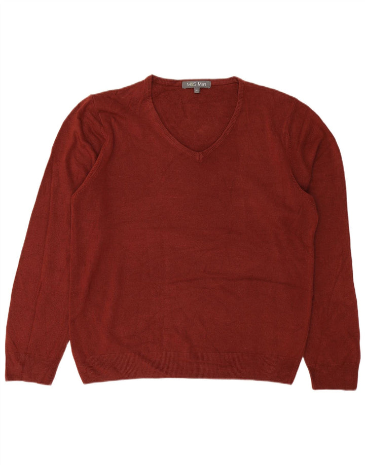 MARKS & SPENCER Mens V-Neck Jumper Sweater Large Maroon Acrylic
