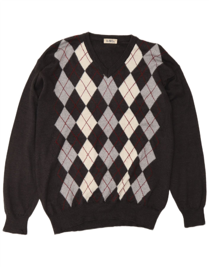 PAOLO OTTAVIANI Mens V-Neck Jumper Sweater 2XL Grey Argyle/Diamond Wool