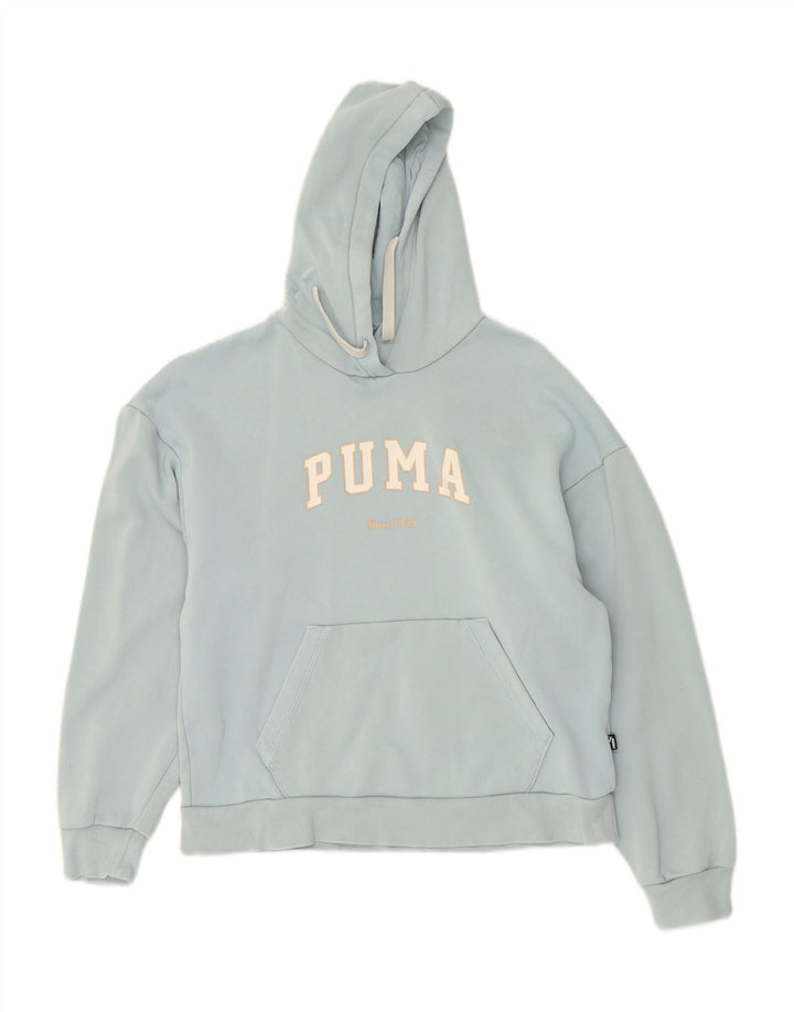 PUMA Womens Oversized Graphic Hoodie Jumper UK 10 Small Blue Vintage Puma and Second-Hand Puma from Messina Hembry 