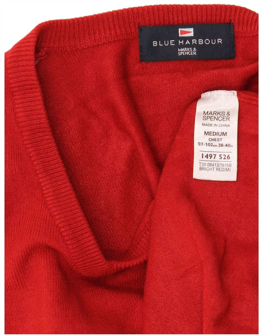 Maglione da uomo Marks & Spencer con scollo a V blu Harbour, acrilico rosso medio