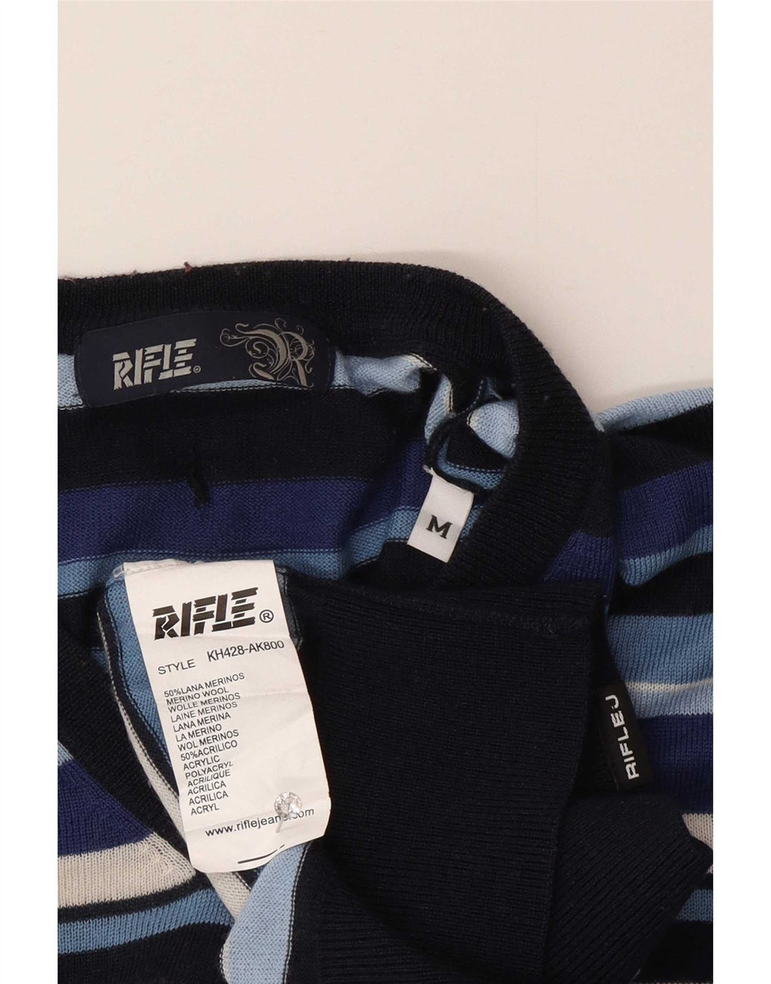 Maglione da uomo con scollo a V Rifle in lana media a righe blu navy