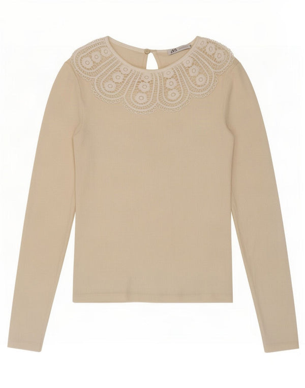 Zara Womens Crop Top Long Sleeve UK 8 Small Beige