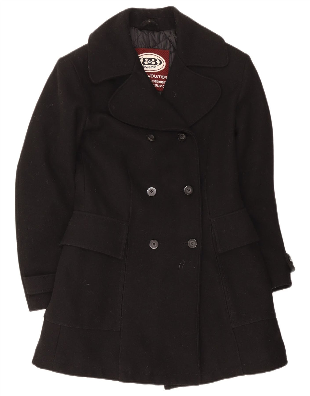 Cappotto doppiopetto da donna Bomb Boogie UK 10 piccolo in lana nera