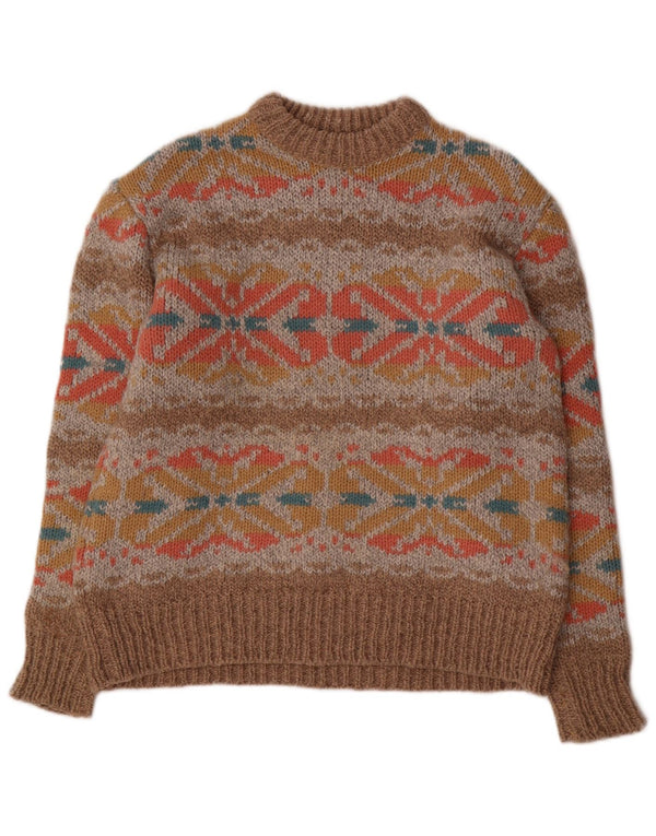 Maglione maglione girocollo da donna vintage UK 14 grande marrone Fair Isle