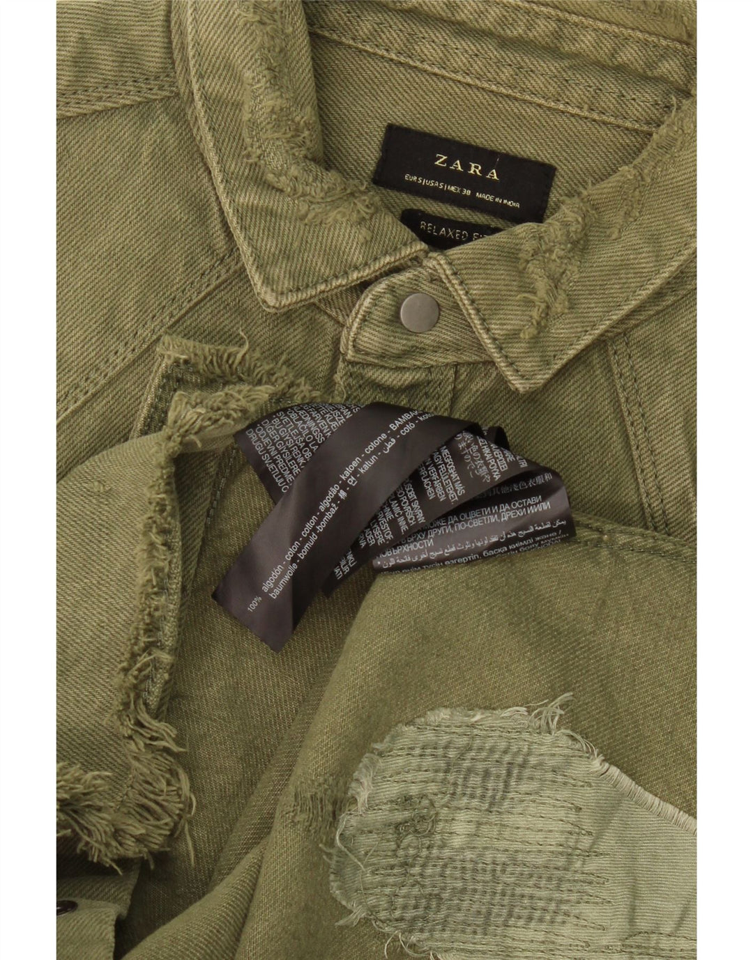 Camicia ZARA da uomo in denim dalla vestibilità comoda e invecchiata, piccola, in cotone kaki