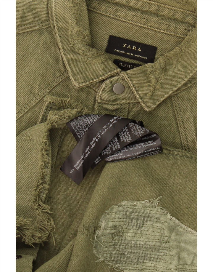 Camicia ZARA da uomo in denim dalla vestibilità comoda e invecchiata, piccola, in cotone kaki