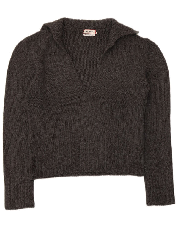 Max & Co. Maglione corto da donna con collo a polo UK 14 Grande lana vergine grigia