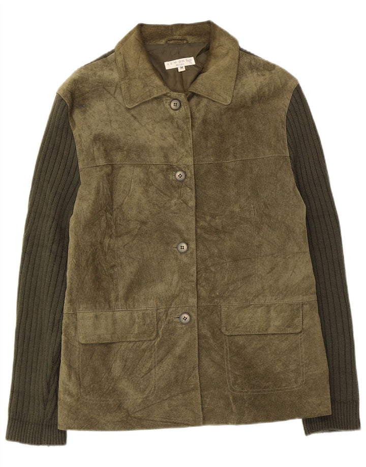 Giacca vintage da donna in pelle scamosciata lavorata a maglia UK 14 in pelle verde medio