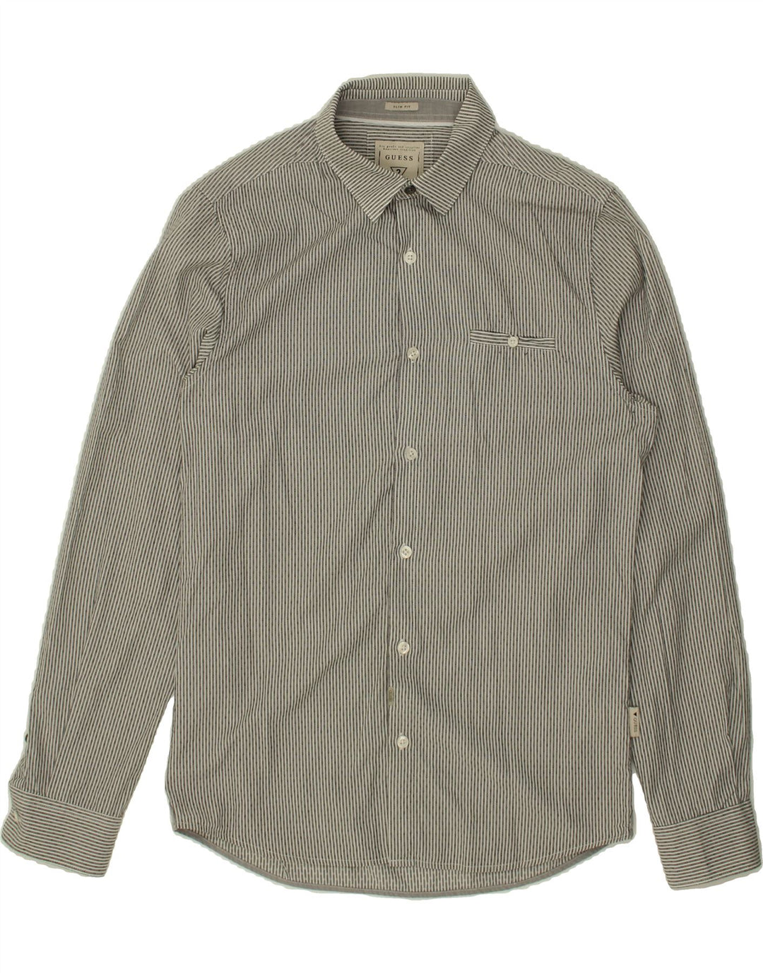 GUESS Mens Slim Fit Shirt Medium Grey Striped Cotton Vintage Guess and Second-Hand Guess from Messina Hembry 