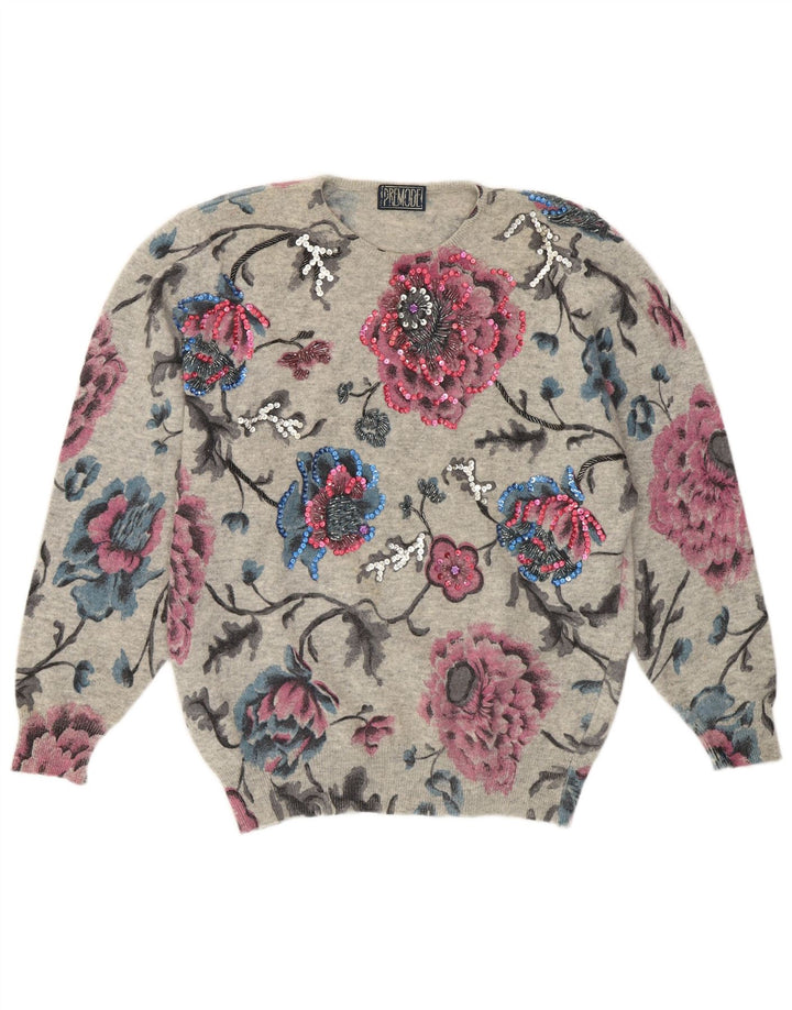 Maglione maglione girocollo da donna Premode UK 14 Lana floreale grigia grande