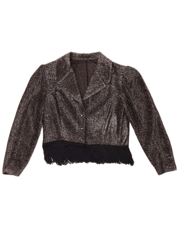 Camicetta corta da donna vintage UK 14 argento medio
