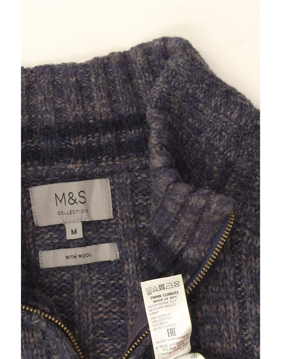 Maglione da uomo Marks & Spencer con zip e collo medio blu navy screziato