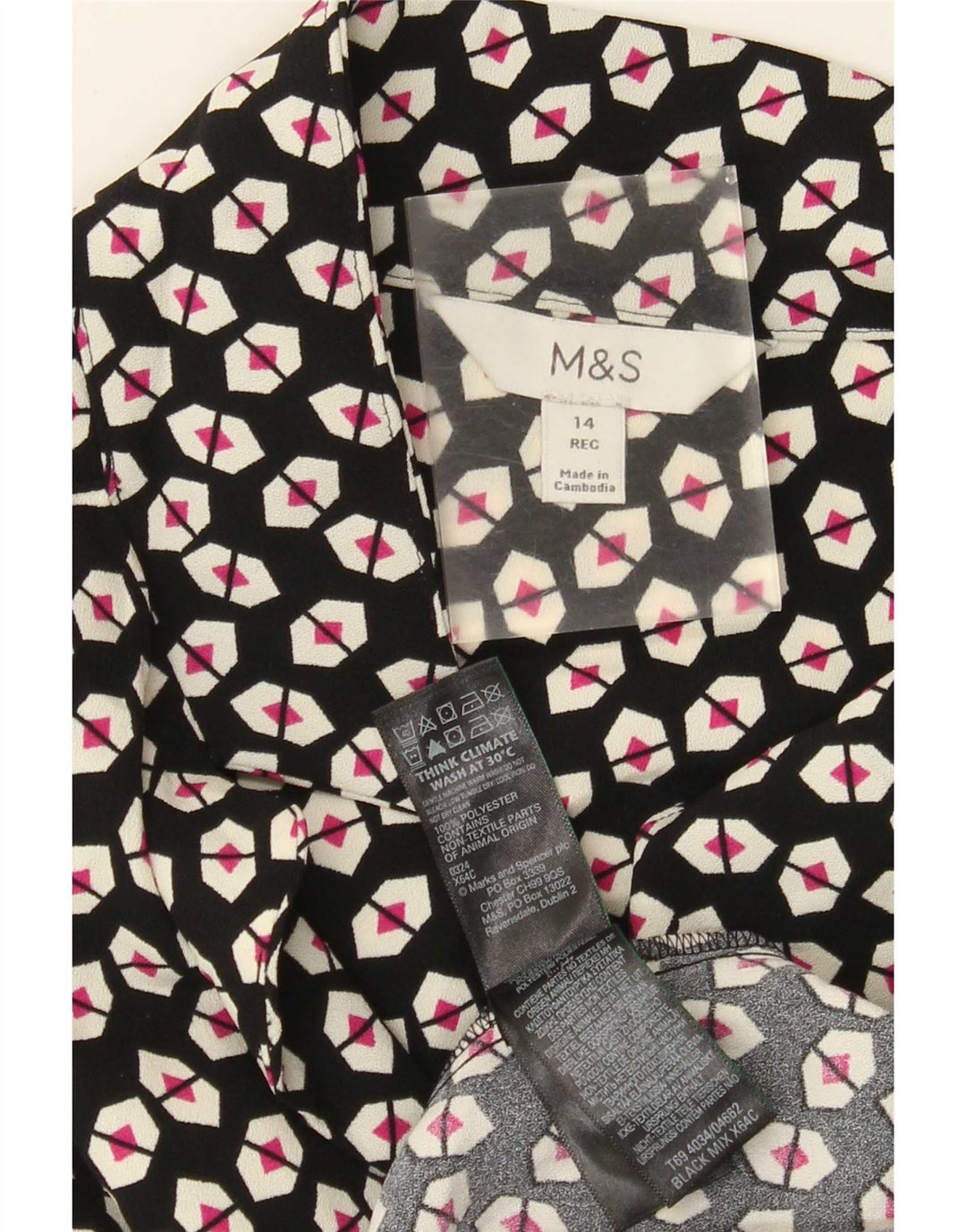 Abito camicia da donna Marks & Spencer UK 14 Grande poliestere geometrico nero