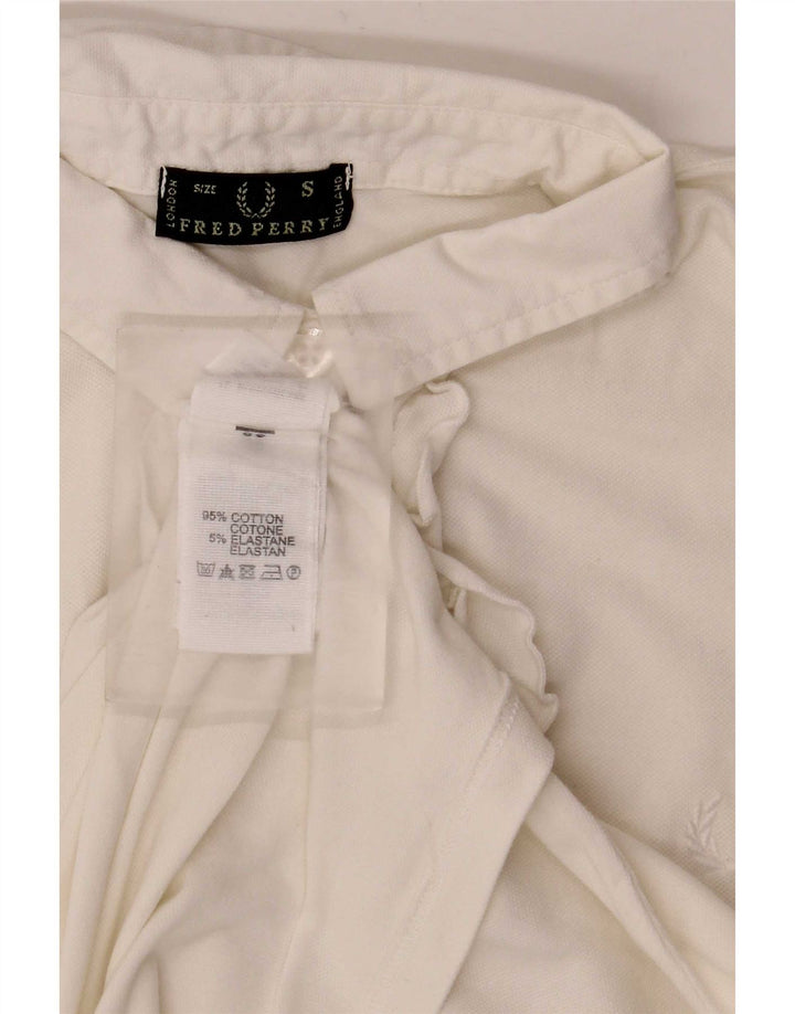 Polo da donna Fred Perry con volant sul davanti UK 10 piccola in cotone bianco