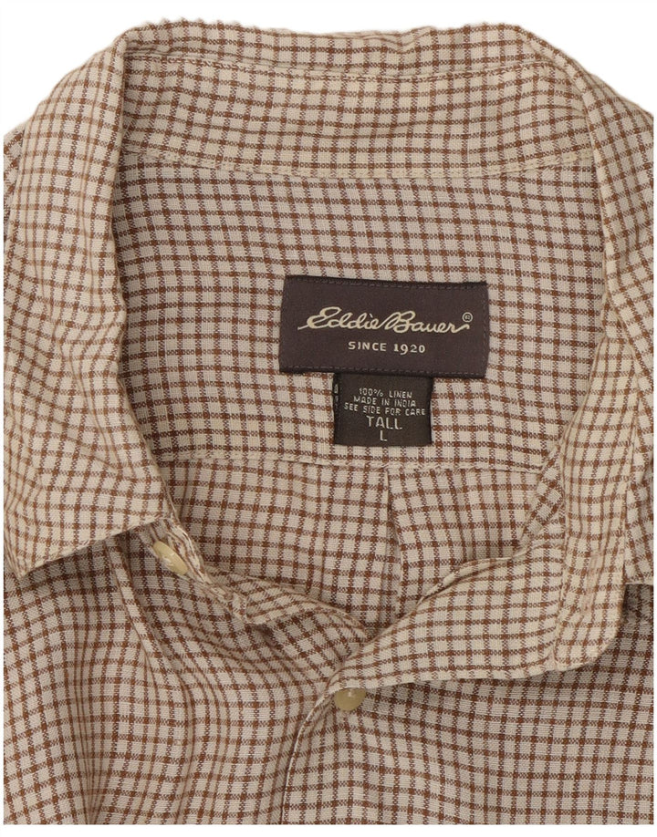 EDDIE BAUER Camicia a maniche corte alta da uomo Lino a quadri marrone grande