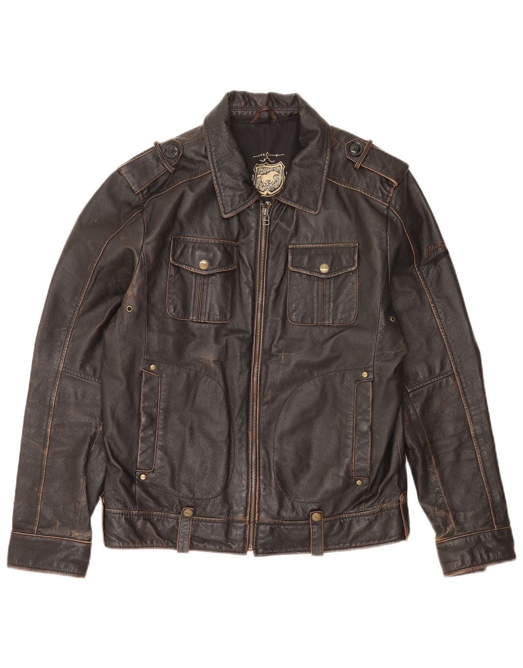 Giacca in pelle militare da uomo Mustang UK 36 piccola in pelle marrone