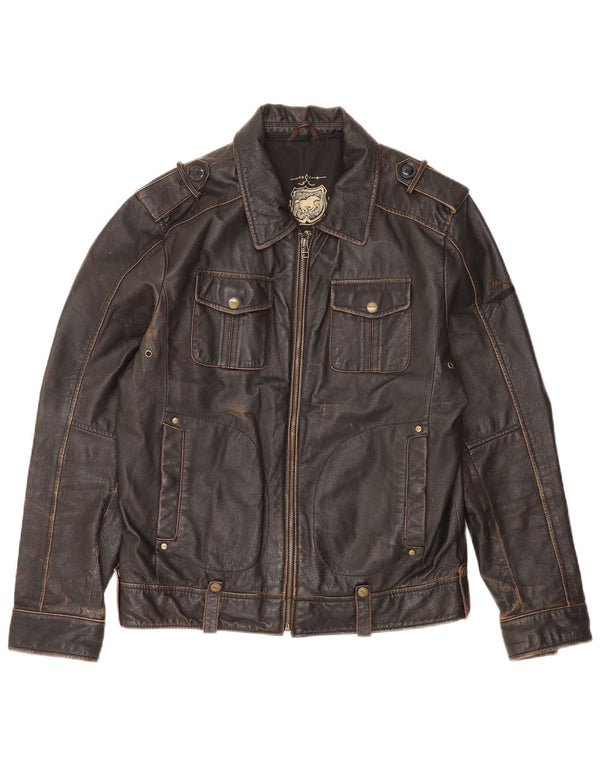 Giacca in pelle militare da uomo Mustang UK 36 piccola in pelle marrone
