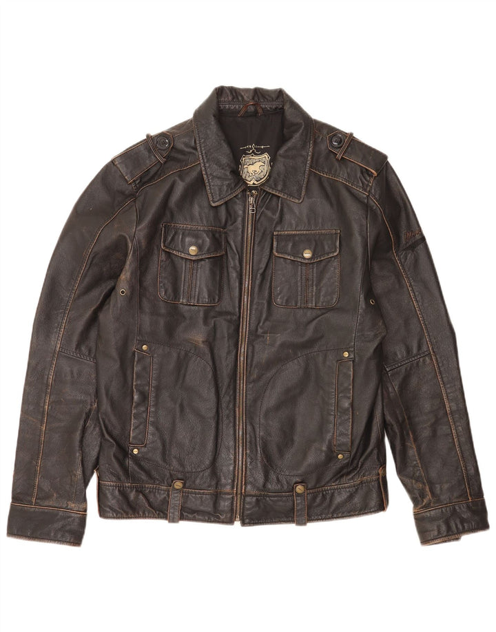 Giacca in pelle militare da uomo Mustang UK 36 piccola in pelle marrone