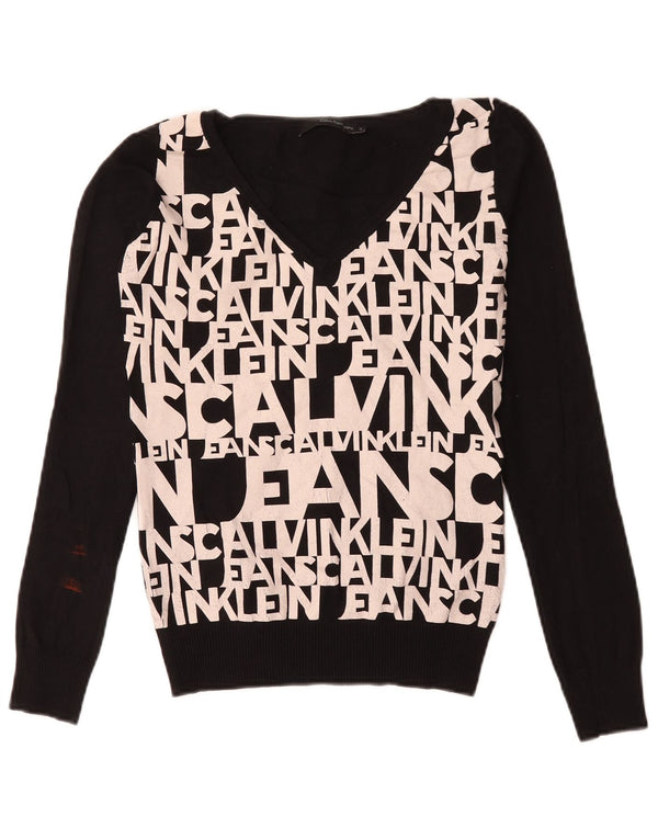 Maglione con scollo a V grafico da donna Calvin Klein Jeans UK 10 piccolo nero