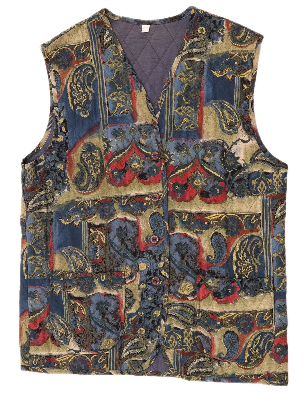 Gilet trapuntato vintage da donna EU 42 grande motivo cachemire multicolore