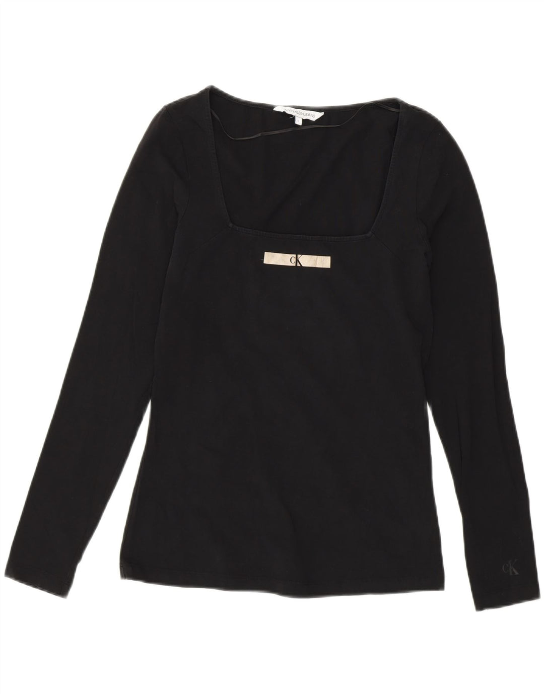 Top grafico da donna Calvin Klein manica lunga UK 14 cotone nero medio