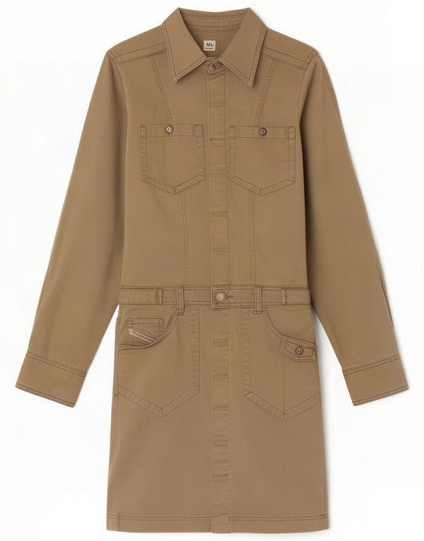 Diesel Abito camicia a maniche lunghe da donna UK 10 Small Khaki Cotton