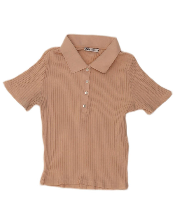 Zara Womens Crop Polo Shirt UK 12 Medium Pink Cotton