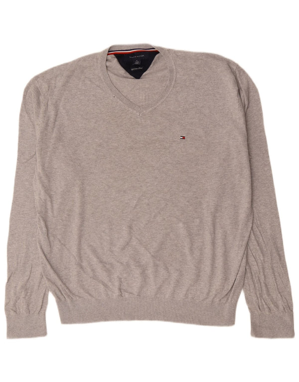 Maglione maglione con scollo a V da uomo Tommy Hilfiger XL cotone chiazzato grigio