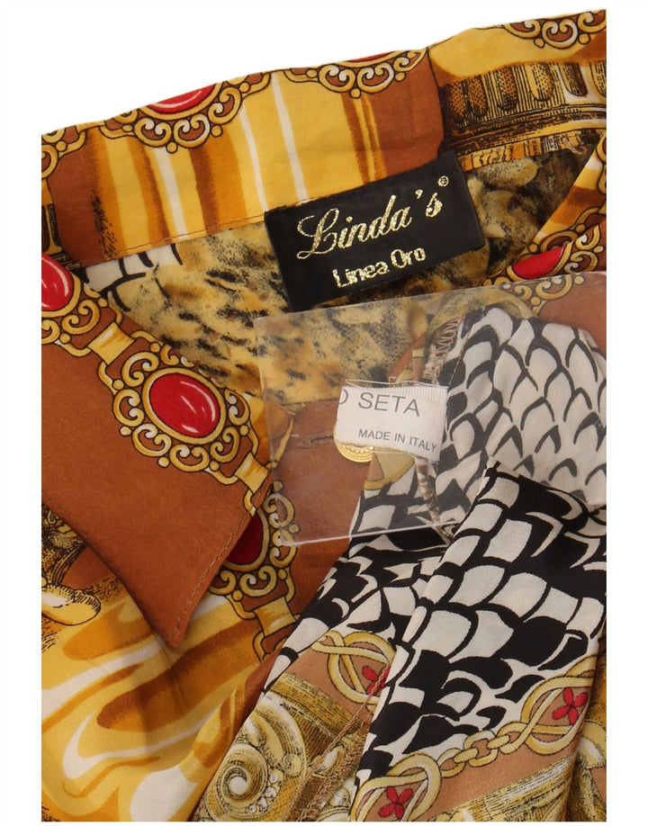 Camicetta camicia da donna con motivo astratto di Linda UK 18 XL seta marrone