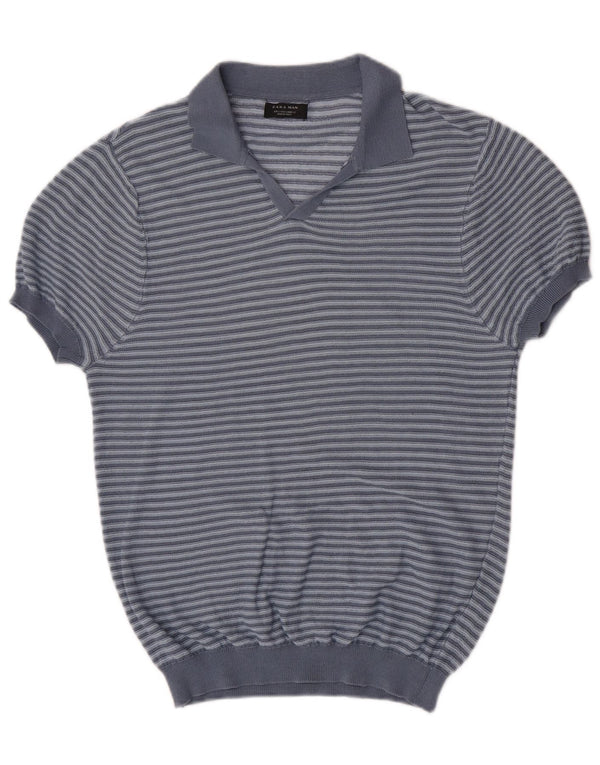 Maglione Zara da uomo a maniche corte con collo a polo, a righe grandi blu